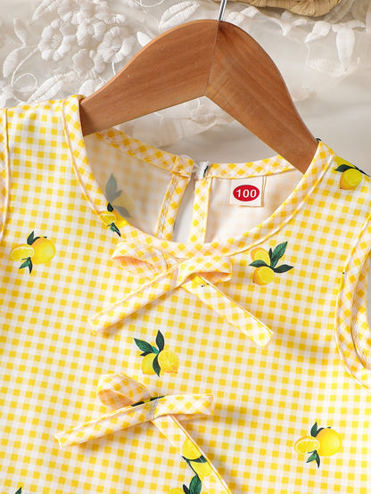 2pcs Set. Girls' Vest And Shorts Outfit, Lemon Print, Contrast Plaid Pattern, Bow Detail, Ruffled Hem. Summer Casual Outfit for Girls. Ideal Gift for 1-8 Year Olds. Suitable for Outdoor Wear