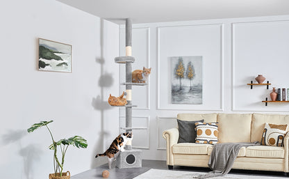 Costoffs Cat Tree, Floor-to-Ceiling Cat Tree Tower, 226-266cm Adjustable Large Height Cat Tree, Tall Cat Tree with 4 Perches and Scratching Posts For Small Medium-Sized Cats