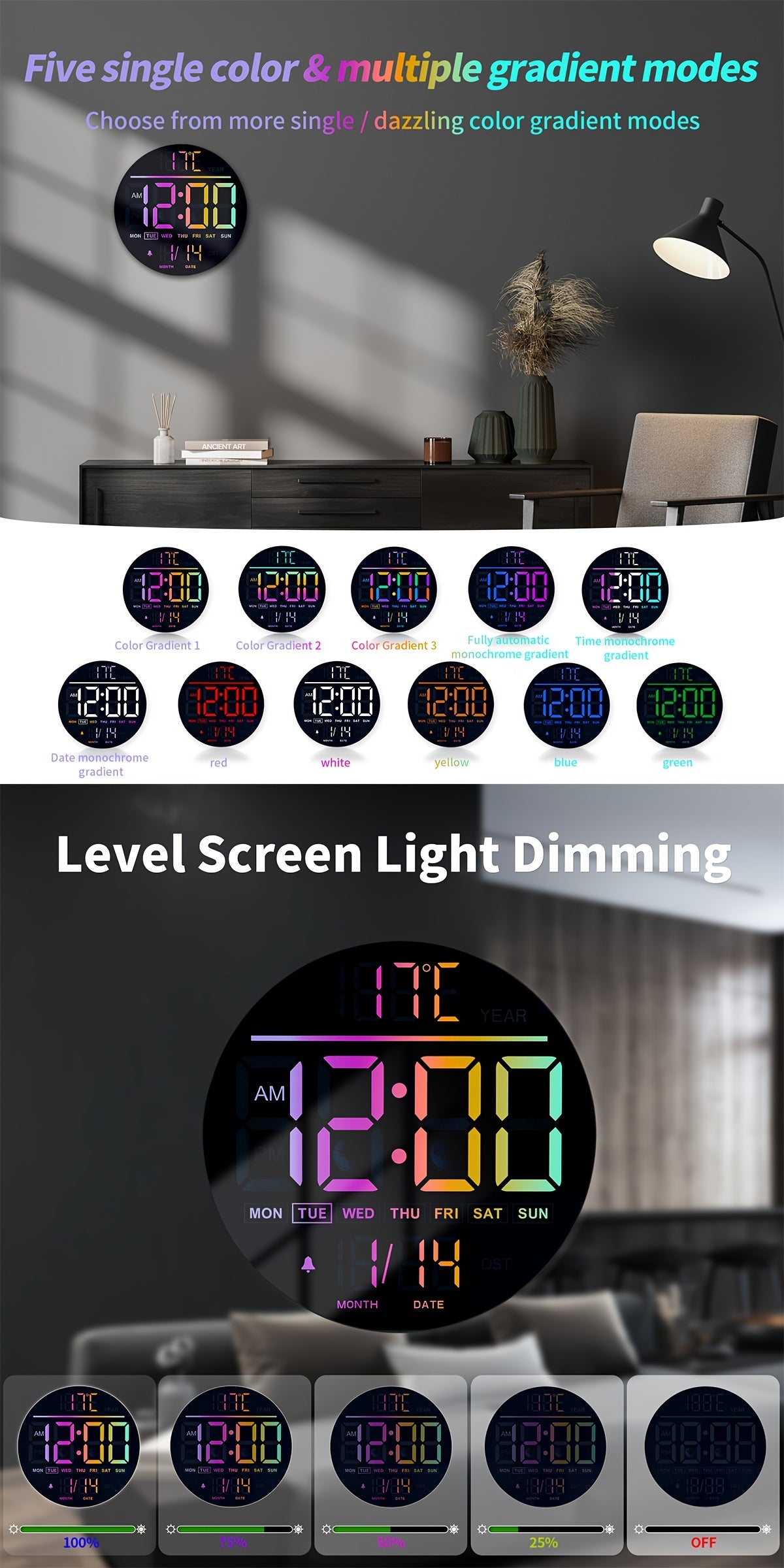 A Large 10-Inch Digital Wall Clock Featuring 8 RGB Colors, Remote Control, Temperature Display, Date, Automatic Daylight Saving Time Adjustment, Night Light, Auto Brightness Dimmer