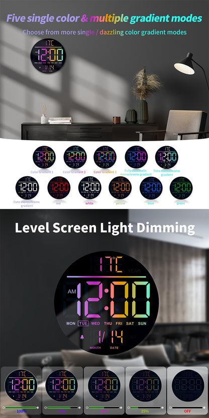 A Large 10-Inch Digital Wall Clock Featuring 8 RGB Colors, Remote Control, Temperature Display, Date, Automatic Daylight Saving Time Adjustment, Night Light, Auto Brightness Dimmer