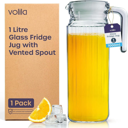 Fridge Jug Glass Water Jug with Lid - Clear Water Pitcher with Ribbed Glass Design & Handle for Fridge Shelf & Everyday - Juices, Pimms & Picnics