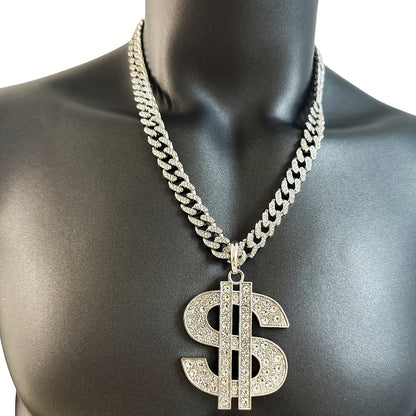 Large and Heavy US Dollar Symbol Pendant,  18K Gold Plated Alloy 18K Gold Plated-plated Cuban Chain Necklace with 12mm Full, Men's Hip-hop Style Ring Combination