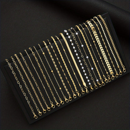 23pcs Heart-shaped Multi-layer Stackable Fashionable, Simple, Elegant, and Exquisite Vintage-inspired Design Featuring Faux, Rhinestone Bling-bling Sparkling Polished Snake Chain, Cable Chain, Twist Chain, Minimalist Plain Chain, Geometric Bead