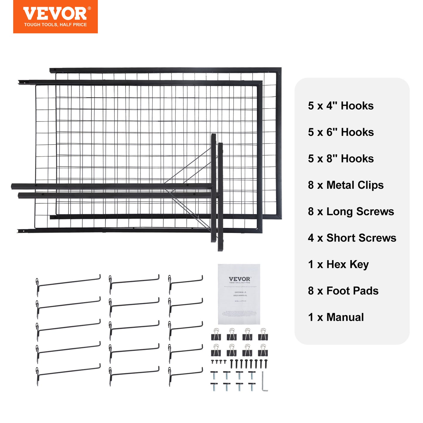 VEVOR 2' x 5.6' Grid Wall Panels Tower, 2 Packs Wire Gridwall Display Racks with T-Base Floorstanding, Double Side Gridwall Panels for Art Craft Shows, Retail Display with Extra Clips and Hooks