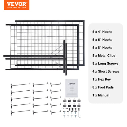VEVOR 2' x 5.6' Grid Wall Panels Tower, 2 Packs Wire Gridwall Display Racks with T-Base Floorstanding, Double Side Gridwall Panels for Art Craft Shows, Retail Display with Extra Clips and Hooks