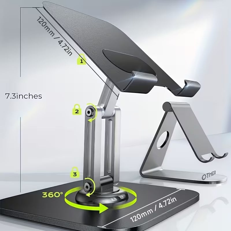 3-piece set (1 heavy-duty adjustable tablet stand+1 hex wrench+data cable storage bag) -360 ° rotating base, foldable design, all metal structure, ergonomic desktop stand, suitable for iPad, tablet, phone, and laptop, sturdy and stable, suitable for both