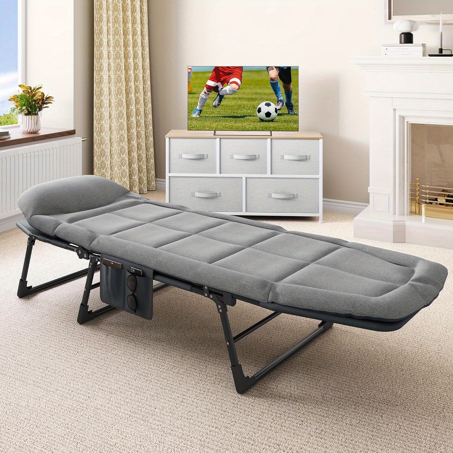 Sun Lounger, Adjustable Folding Camping Bed with Cushion and Headrest, for Adults Garden Patio Pool Office and Beach, 300kg Capacity, Oversized Guest Bed Lounge Chair