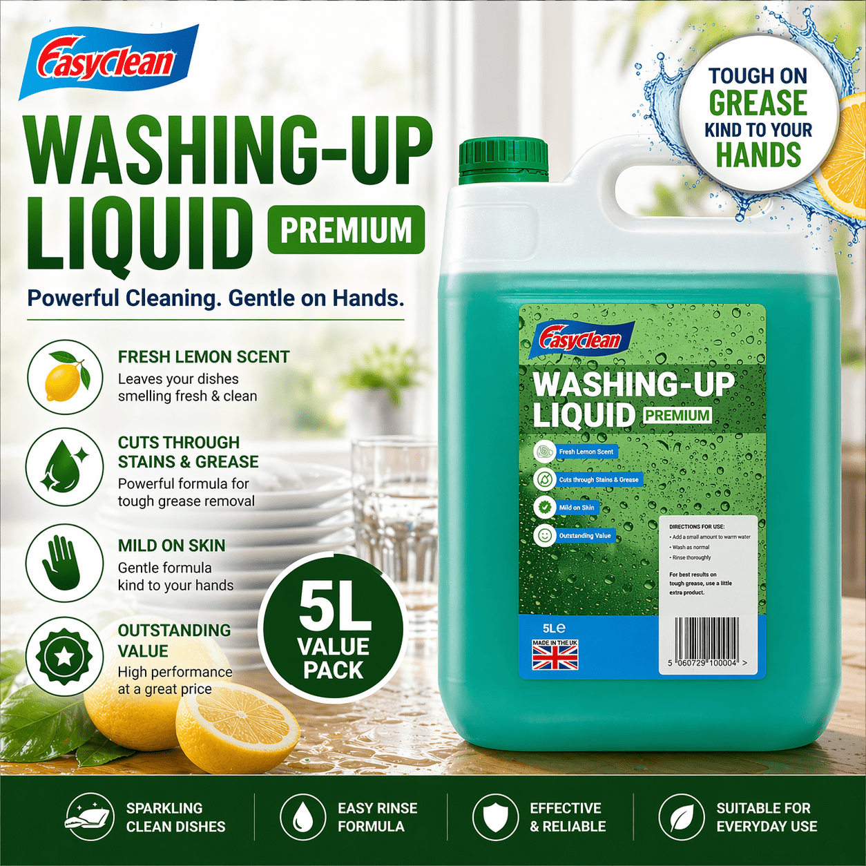 EasyClean Washing Up Liquid 5L Refill - Fresh Lemon Fragrance Non Bio & Skin Sensitive Friendly Dish Wash Cleaner - Kitchens Cleaning Products