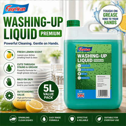 EasyClean Washing Up Liquid 5L Refill - Fresh Lemon Fragrance Non Bio & Skin Sensitive Friendly Dish Wash Cleaner - Kitchens Cleaning Products