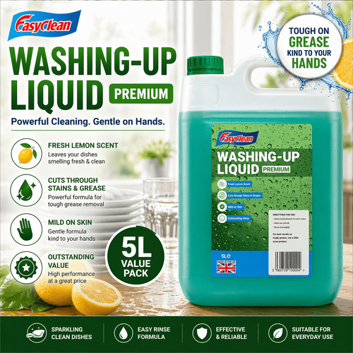 EasyClean Washing Up Liquid 5L Refill - Fresh Lemon Fragrance Non Bio & Skin Sensitive Friendly Dish Wash Cleaner - Kitchens Cleaning Products