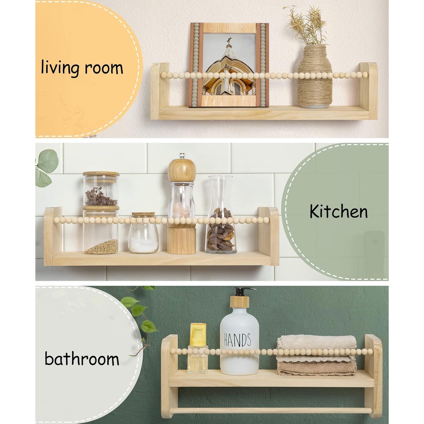 40cm Set of 3 Shelves Floating Book Shelf for Wall, Shelves for Bedroom Bookshelf Pink Room Decor, Solid Wood Small Organizer With Wooden Bead Design