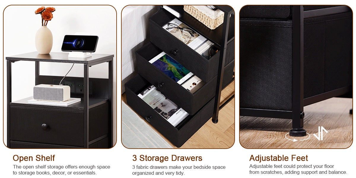 AMHANCIBLE 1pc Bedside Table with Charging Station, Side Table with LED Light, Nightstand with 3 Fabric Drawers And Open Storage Shelf, Bedside Cabinet for Bedroom, Living Room
