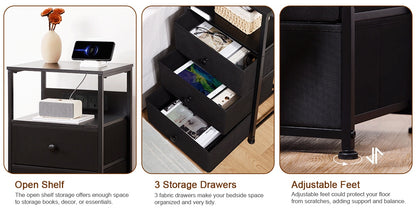 AMHANCIBLE 1pc Bedside Table with Charging Station, Side Table with LED Light, Nightstand with 3 Fabric Drawers And Open Storage Shelf, Bedside Cabinet for Bedroom, Living Room