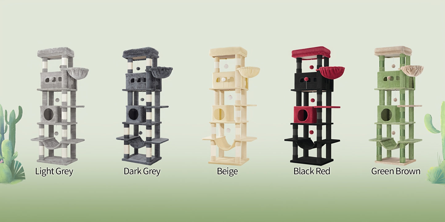 Cat Tree for Indoor Cats, 170cm Large Tall Cat Tower, Multi-Level Cats House with Condo, 8 Scratching Posts, Hammock, 4 Pom Poms
