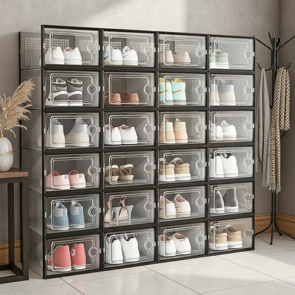 Folding Shoe Storage Box, 12 Pack Clear Transparent Shoe Storage Boxes Hard Plastic Stackable Organiser Containers Bins, DIY Easy Assembly, Sturdy & Durable, Space Saving, Black Door Frame, Foldable and Versatile for Sneakers, Fit up to UK Size 9.5