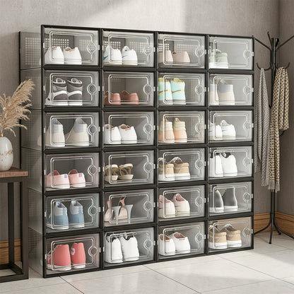 Folding Shoe Storage Box, 12 Pack Clear Transparent Shoe Storage Boxes Hard Plastic Stackable Organiser Containers Bins, DIY Easy Assembly, Sturdy & Durable, Space Saving, Black Door Frame, Foldable and Versatile for Sneakers, Fit up to UK Size 9.5