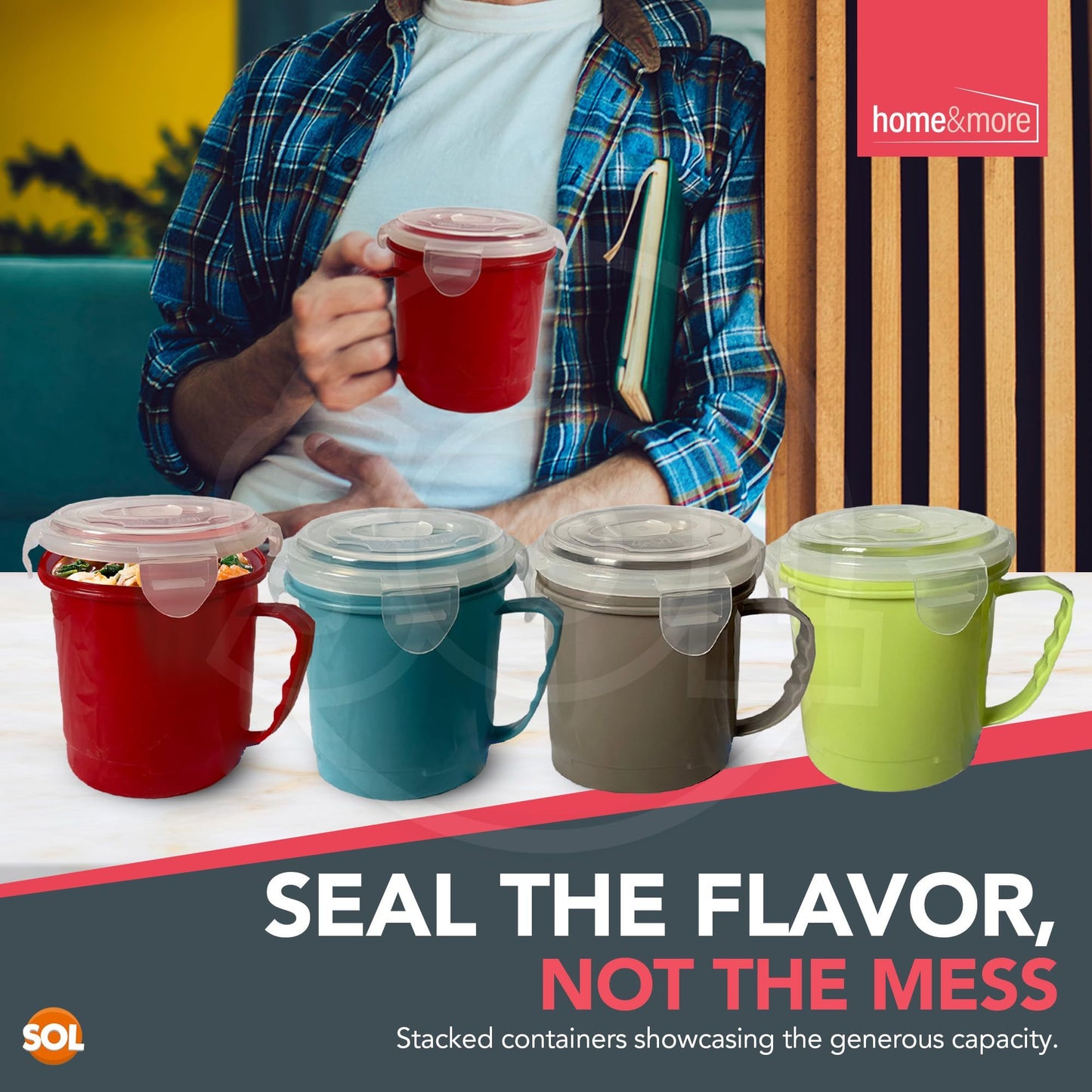 4 Pack Microwave Soup Mugs 700ml | Plastic Soup Containers with Handles & Lids | Stackable Microwave Bowls for Reheating & Serving | Dishwasher Safe Soup Mugs for Leftovers, Porridge & Hot Meals at Home, Office or School