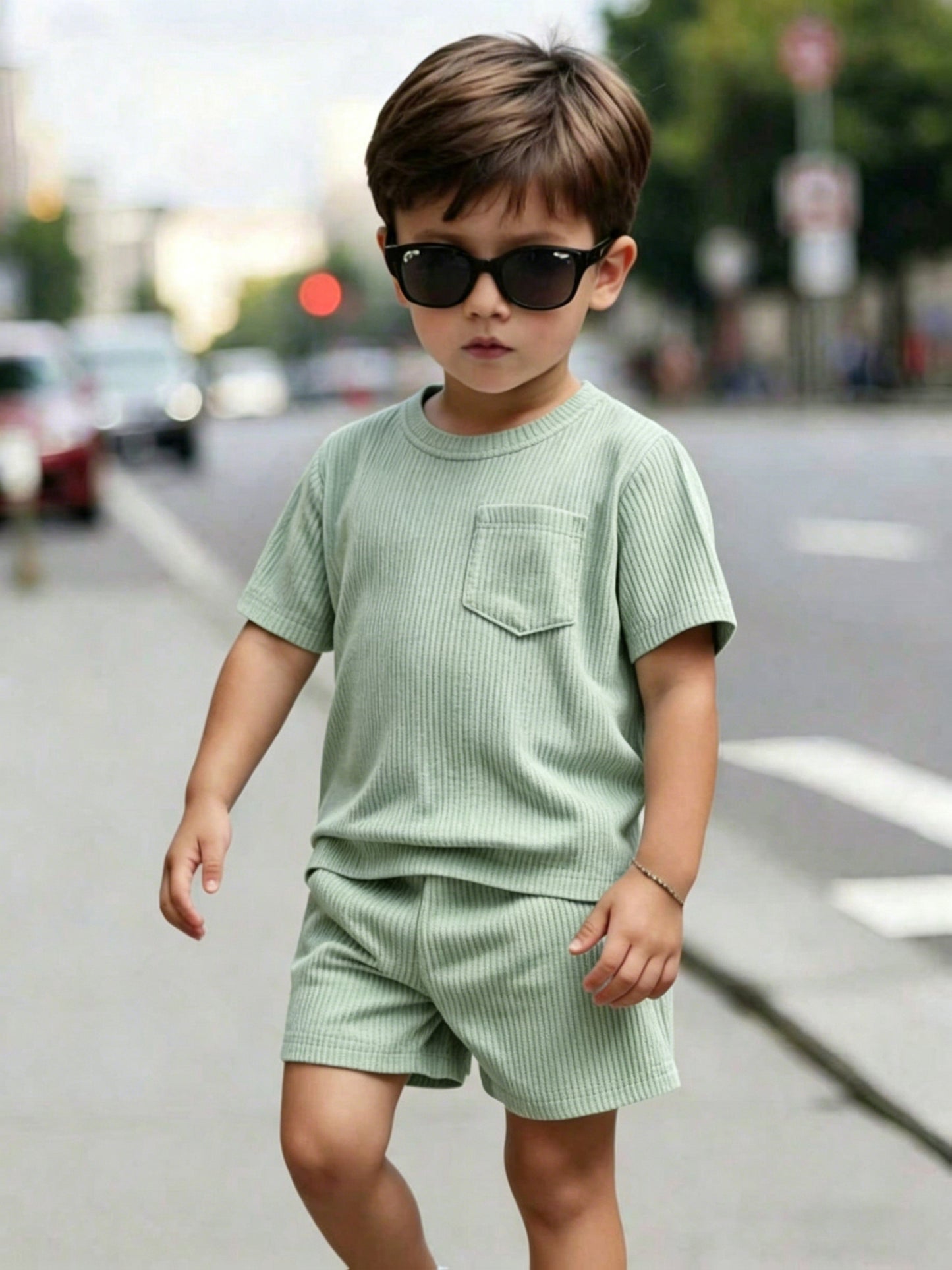 Boys' Summer New Round Neck Short Sleeve Shorts with Pockets 2pcs Set Fashion Casual Easy Suitable for Outdoor Wear