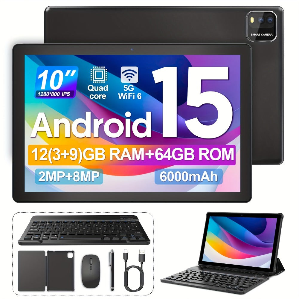 Android 15 Tablet 12GB RAM 64GB ROM 1TB Expandable Quad-Core 6000mAh - 10 Inch WiFi Tablet with Case or Keyboard Set Option Black