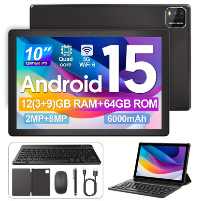 Android 15 Tablet 12GB RAM 64GB ROM 1TB Expandable Quad-Core 6000mAh - 10 Inch WiFi Tablet with Case or Keyboard Set Option Black