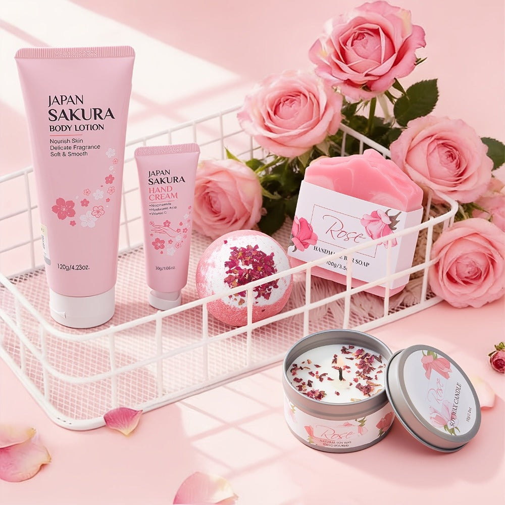 Bath & Body Gift Basket for Women – Rose Home Spa Self Care Set, Birthday Mothers Day Gift for Her, Mom, Sister & Friends (Pink)