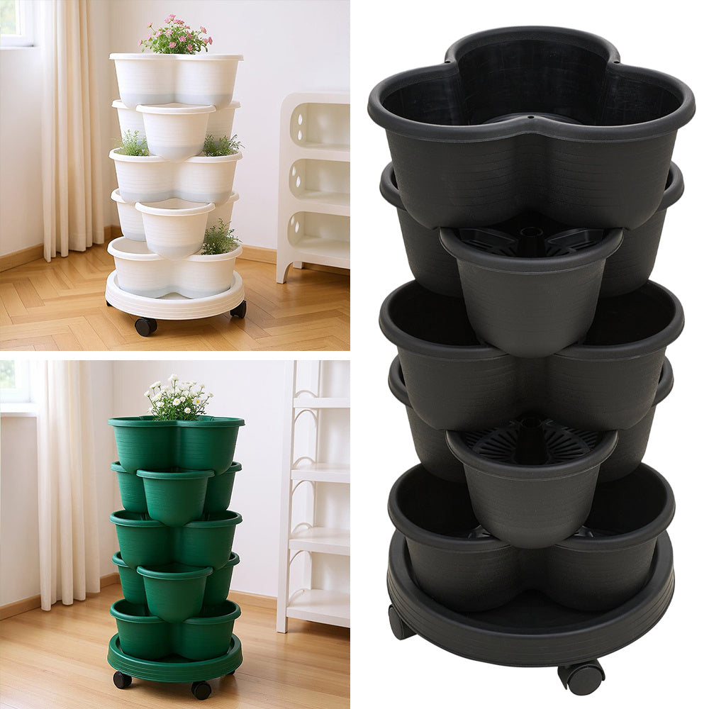 The three-dimensional three-petal flowerpot, strawberry pot, can be multi-layered for vegetable and fruit planting. It is made of pp plastic with five layers, black/ white/ green, and measures 31.5*31.5**13.5cm