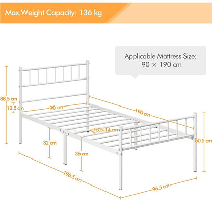 Slatted Headboard Metal Bed Frame Single & Double – 32cm Under-Bed Storage, 204kg Load, No Box Spring Needed, Easy Assembly | Black White Pink Silver