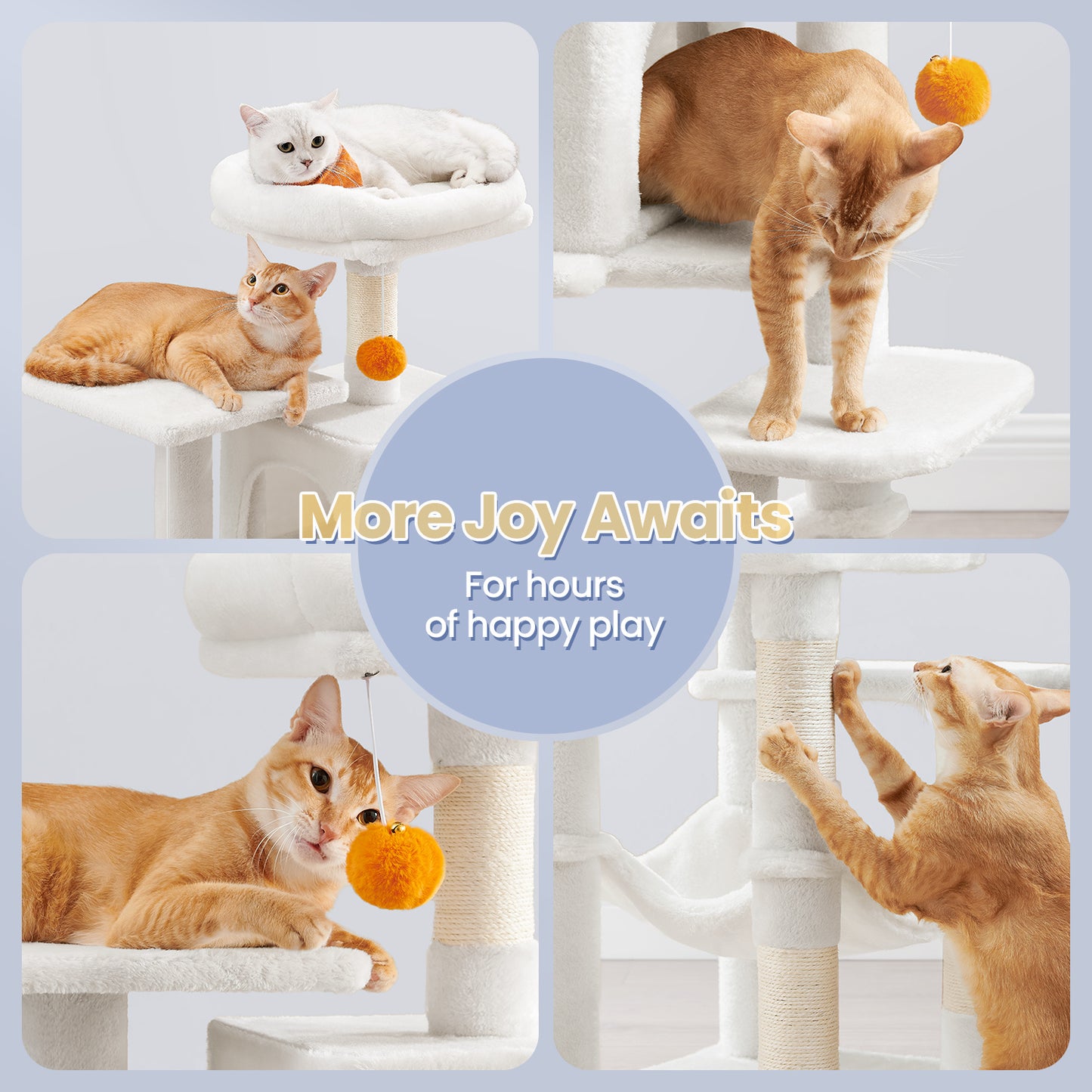 112 cm Cat Tree, Multi-Level Soft Plush Cat Tree, Cat Tower Condo with 4 Cat Scratching Posts, Hammock, Cave, Platform, Toys, Pink/White/Beige/Grey, Easy Assembly and Sturdy, Indoor Cat Furniture