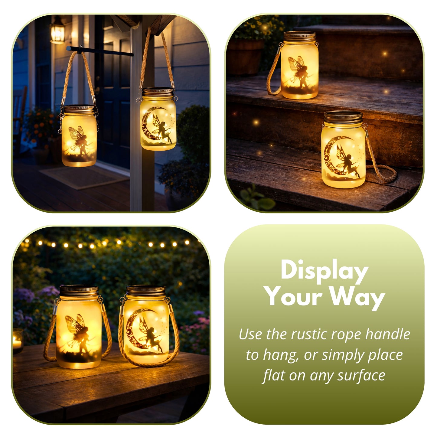 Garden Mile Solar Fairy Jar Lights Set of 2 – Hanging Solar Lantern Mason Jar Lights with Fairy Silhouette Designs, Outdoor Garden Solar Lights with Rope Handle, Decorative Fairy Garden Lanterns, 13cm
