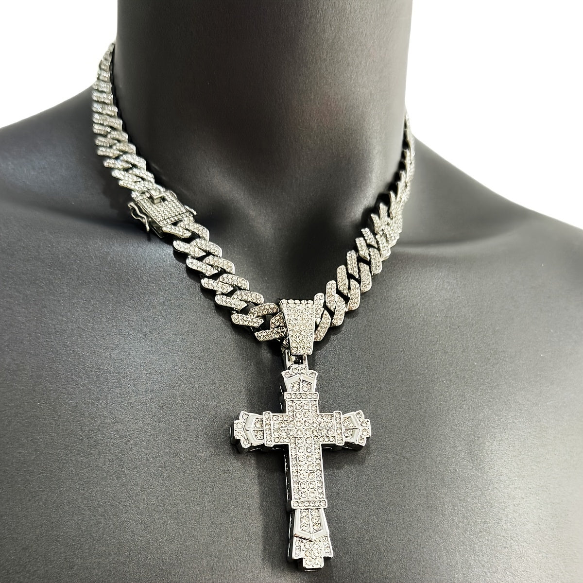 Hip-Hop Plus Size Large Pendant Full Rhinestones Double Layer Thickened Cross Hollow Buckle 14mm Wide Cuban Chain Necklace New Product Creative