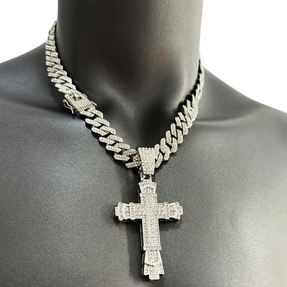 Hip-Hop Plus Size Large Pendant Full Rhinestones Double Layer Thickened Cross Hollow Buckle 14mm Wide Cuban Chain Necklace New Product Creative