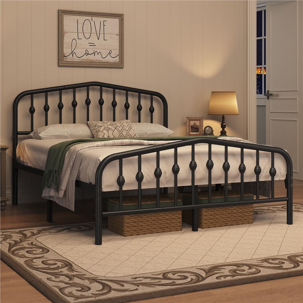 Costoffs Metal Bed Frame, Metal Bed Base, Farmhouse Metal Bed Frame, Modern Metal Bed with Crown-Inspired Design Headboard, Heavy-Duty Slat Support, Spacious Underbed Storage, No Box Spring Needed, Double/King, Black/White