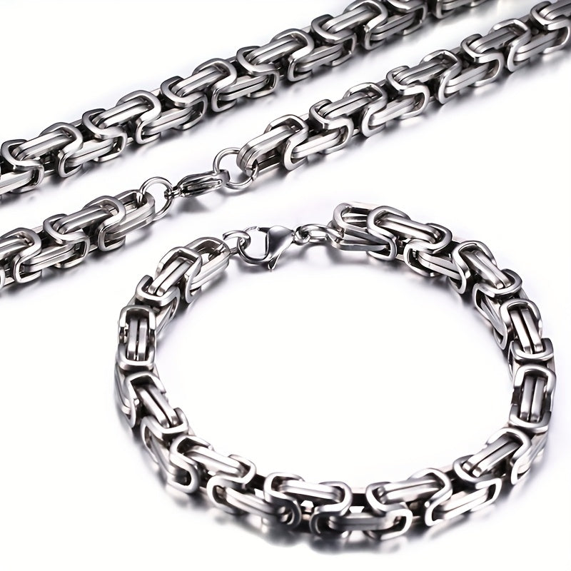 2pcs Set of Fashionable and Domineering Stainless Steel Necklace + Bracelet Jewelry Set, Men's Imperial Chain Accessories, Ideal Jewelry Gift for Wearing on Any Occasion, Matching with Any Clothing, Gifts