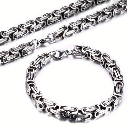 2pcs Set of Fashionable and Domineering Stainless Steel Necklace + Bracelet Jewelry Set, Men's Imperial Chain Accessories, Ideal Jewelry Gift for Wearing on Any Occasion, Matching with Any Clothing, Gifts