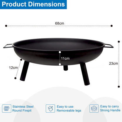 Outdoor Fire Pit, Steel Fire Bowl for BBQ Camping Picnic, Garden Patio Heater Charcoal Log Wood Burner, 58 cm - Matt Black, Camping Stove