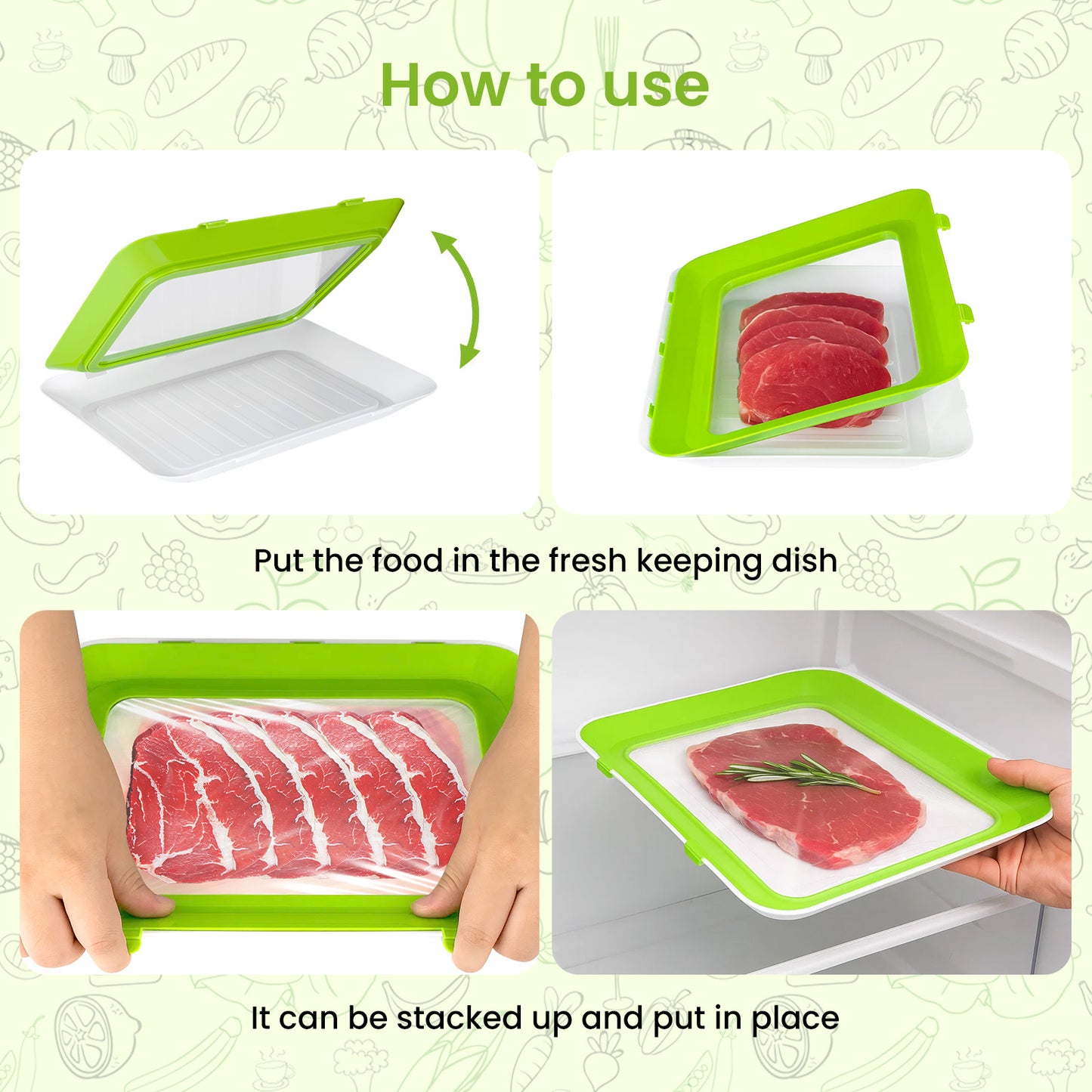 Stretch-Fit Food Storage Containers Reusable Preservation Trays for Fridge Organization – Perfect for Vegetables, Fruits, and Meats – Space-Saving Stackable Design
