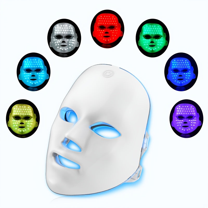 [LED Beauty Mask] 7-Color Facial Mask Device, 60-Bead LED Beauty Mask, 7-In-1 Facial And Neck Care Beauty Instrument, Automatic Care Device with 7 Working Modes, USB Rechargeable, Portable Skincare Equipment, Home Beauty Care Tool