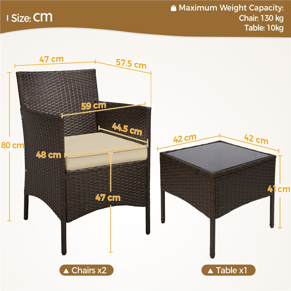 Costoffs Set of 3 Patio Table and Chairs, Outdoor Wicker Conversation Furniture Set, 2pcs Woven Rattan Chairs with Cushions and 1 Side Table