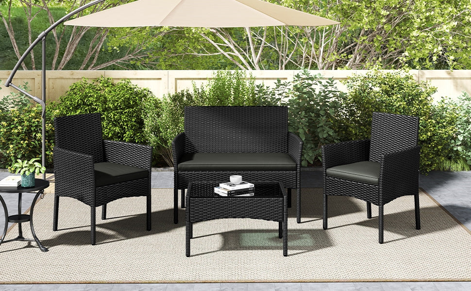 Costoffs Set of 4 Reception Set Outdoor, Garden Table & Sofa Set, Conversation Furniture Set with 2-Seat Sofa, 2 Single Sofa and 1 Coffee Table