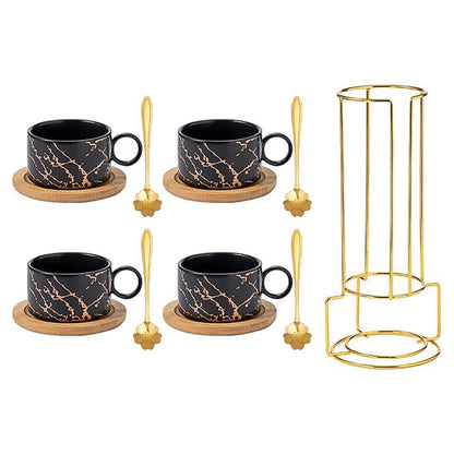 Black Ceramic Coffee Mug Cup Set, Including Four 180ml Cups, Saucers, Spoons, Metal Storage Rack, Stackable Cups and Saucers, Espresso Cups, Holiday and Birthday Gift Set