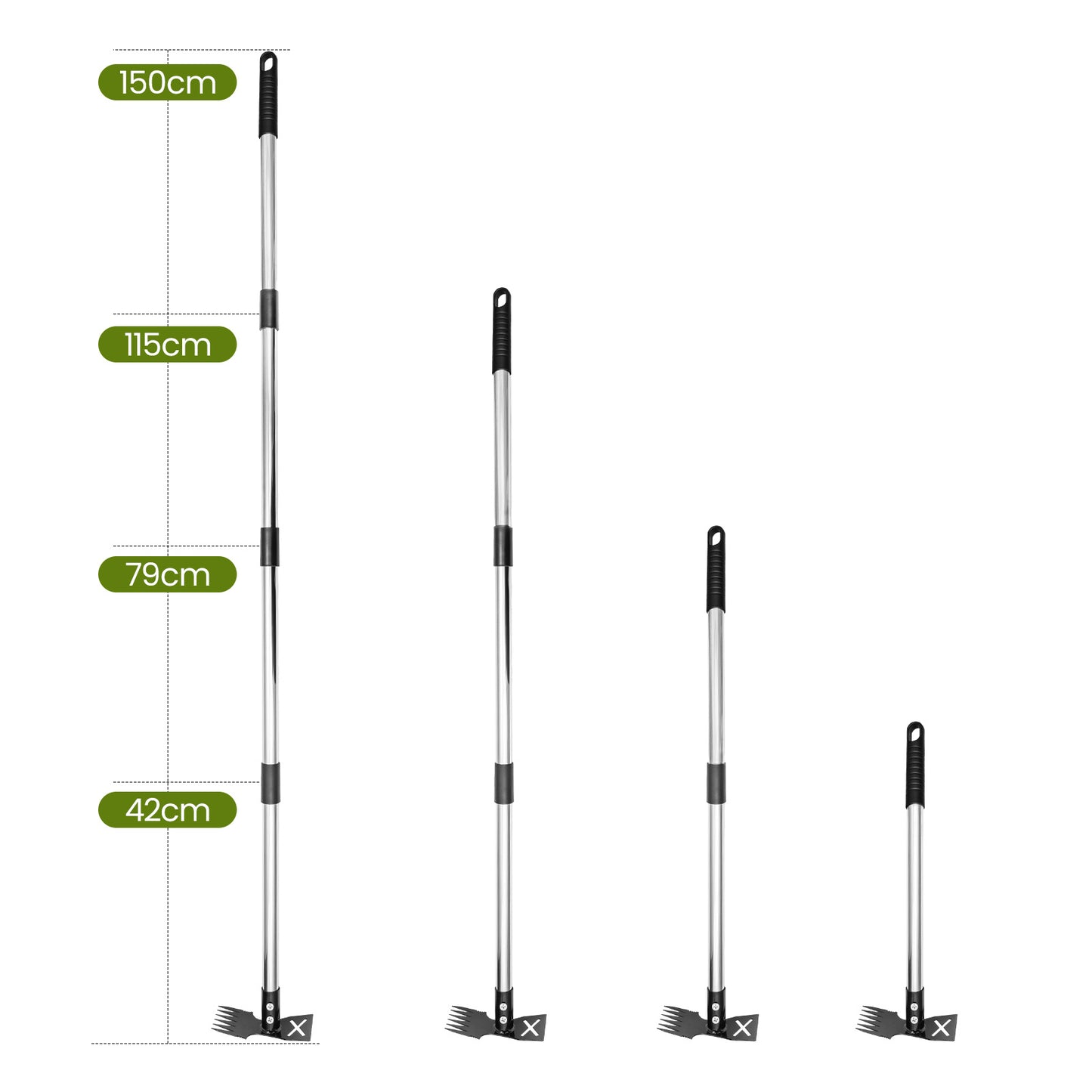 2-in-1 Weed Remover Tool with Telescopic Handle 42–150cm Stand Up Weeder Hoe Cultivator Rake Long Handle Garden Weeding Tool for Lawns, Borders, Raised Beds, Veg Patches