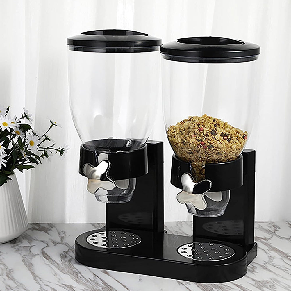 Black Plastic Dual-Chamber Grain Dispenser, Kitchen Oats and Snacks Storage Container, Breakfast Cereal Dispenser, 4L Large Capacity