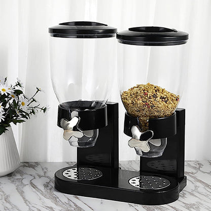 Black Plastic Dual-Chamber Grain Dispenser, Kitchen Oats and Snacks Storage Container, Breakfast Cereal Dispenser, 4L Large Capacity