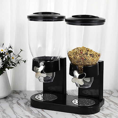 Black Plastic Dual-Chamber Grain Dispenser, Kitchen Oats and Snacks Storage Container, Breakfast Cereal Dispenser, 4L Large Capacity
