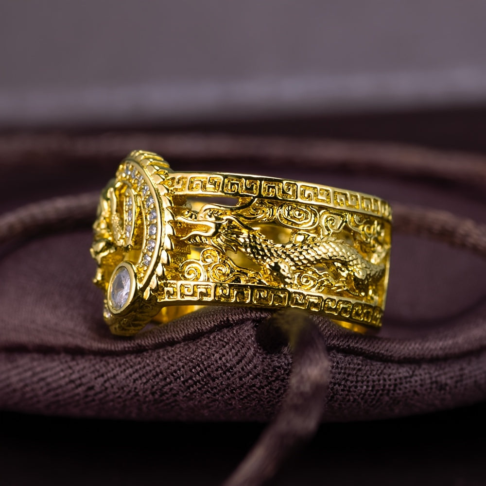 1pc Chinese Style Auspicious Dragon Inlaid Synthetic Synthetic Zircon Men'S Ring, Intricate Carved Retro Luxury And Oriental Culture Fusion Unique Charm, Chinese Culture Enthusiasts, Chinese Elements