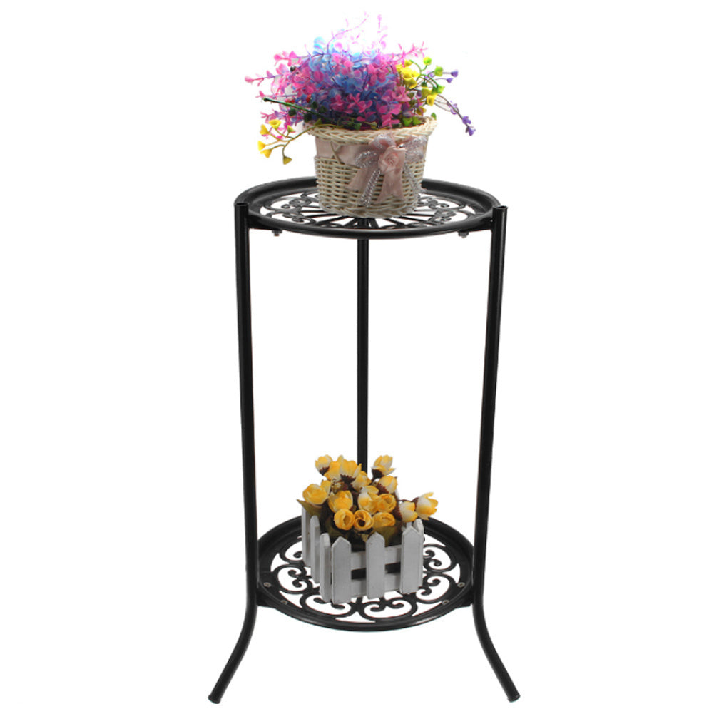 1PC Black Balcony Flowerpot Rack, 2-story Metal Plant Display Rack, Circular Display Base for Office and Living Room, Size 23*23*56cm