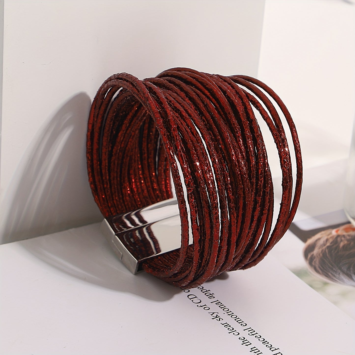 1pc Slim Stripes Wide Multilayer Wrap Bracelet Metallic Shiny Glitter Artificial Leather Cuff with Magnetic Clasp Jewelry for Men Women Holiday Party Birthday Gifts