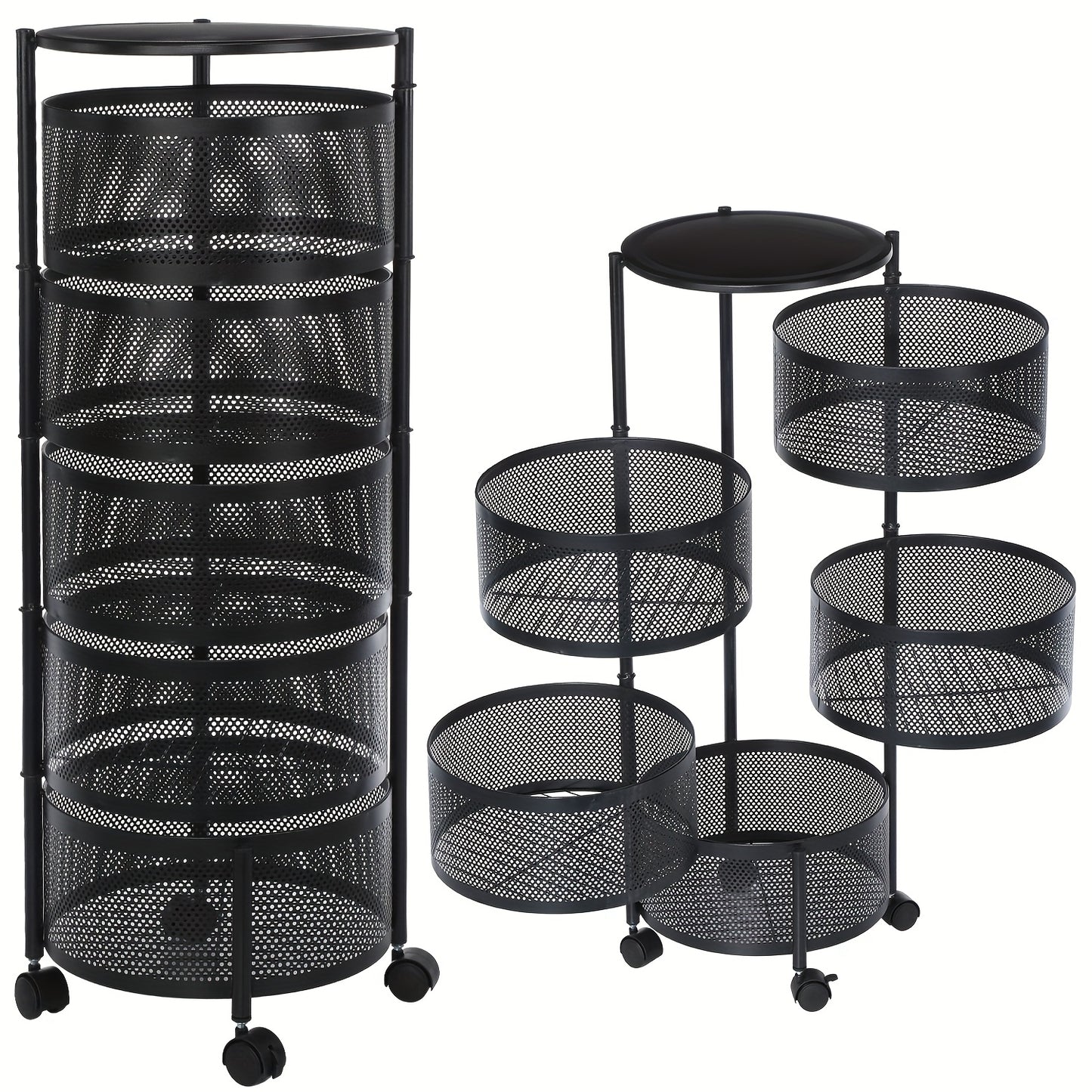 5-Tier Round Vegetable Storage Rack Black Metal Wire Basket with Wheels, Space-Saving Organizer, Shelf Baskets