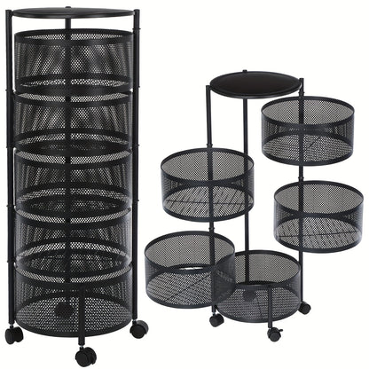 5-Tier Round Vegetable Storage Rack Black Metal Wire Basket with Wheels, Space-Saving Organizer, Shelf Baskets