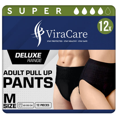 12 x Black Pull Up Pants Women & Men | Super Pull Up Pants | Adult Nappies | High Absorption and Soft-Stretch Waistband | Size S, M, L, XL | (1 Pack of 12)